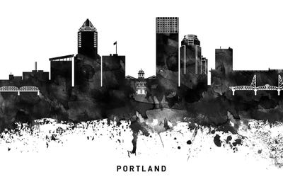 Portland Skyline Black & White by WallDecorAddict art print