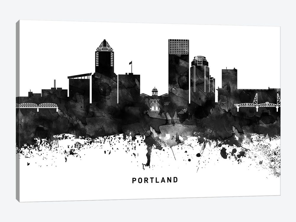 Portland Skyline Black & White by WallDecorAddict 1-piece Canvas Art