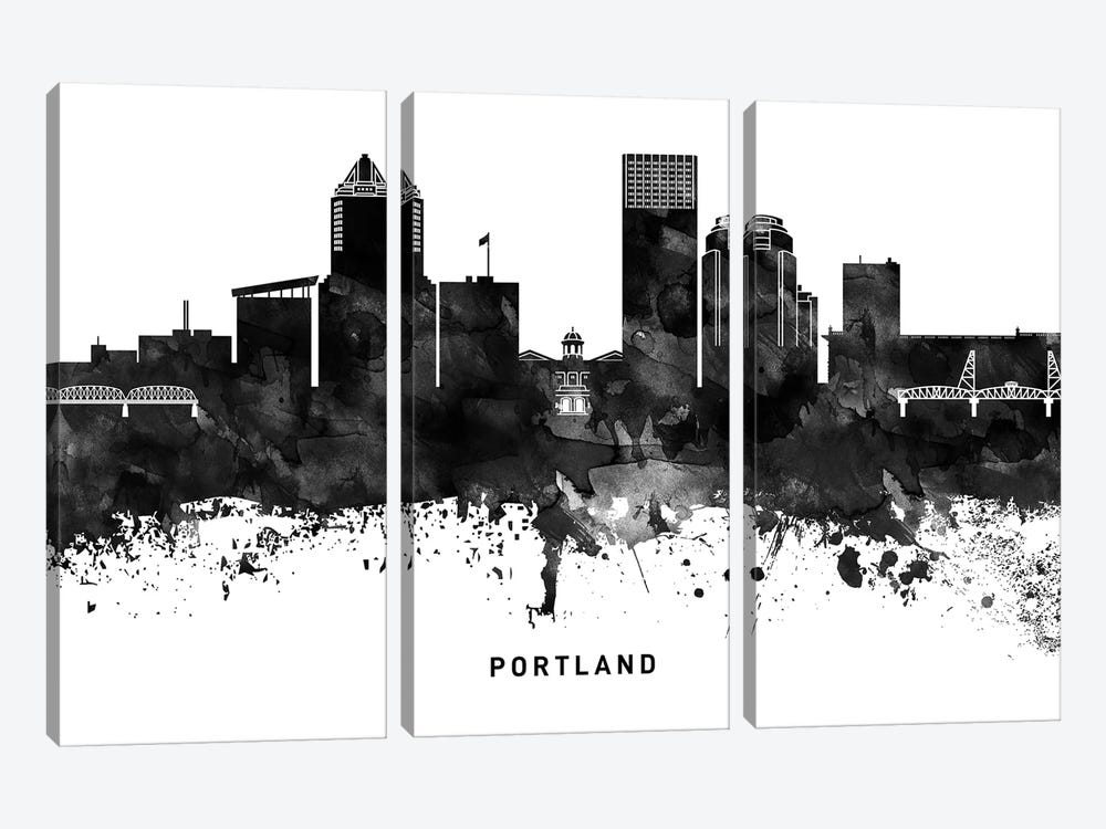 Portland Skyline Black & White by WallDecorAddict 3-piece Canvas Art