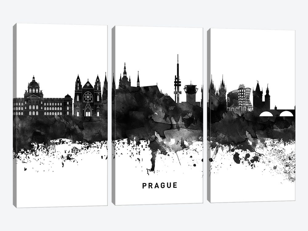 Prague Skyline Black & White by WallDecorAddict 3-piece Canvas Print