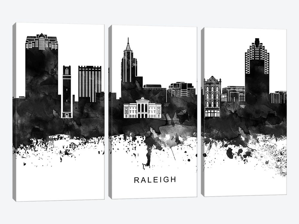 Raleigh Skyline Black & White by WallDecorAddict 3-piece Canvas Art