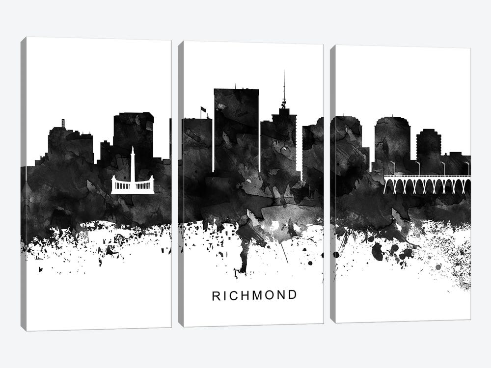 Richmond Skyline Black & White by WallDecorAddict 3-piece Canvas Art Print