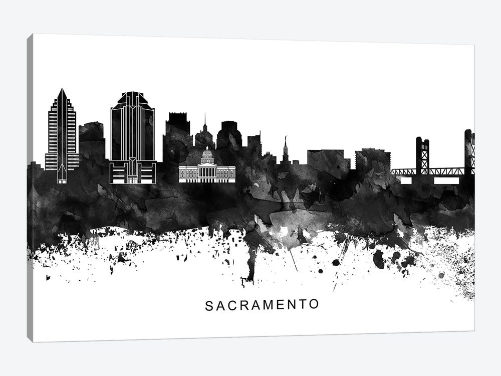 Sacramento Skyline Black & White by WallDecorAddict 1-piece Canvas Print