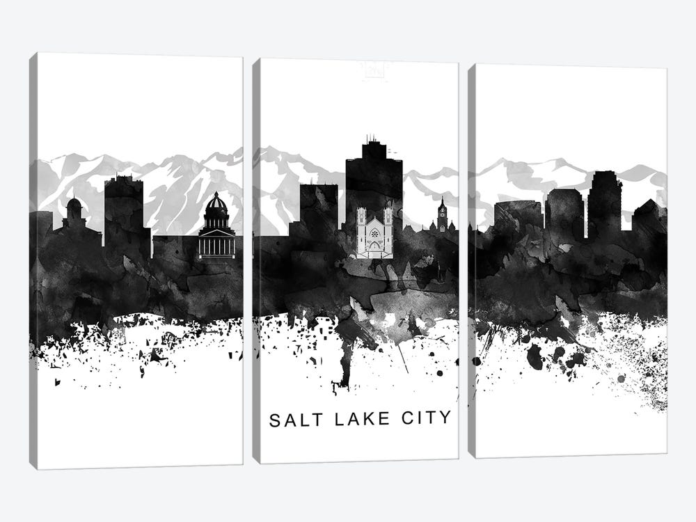 Salt Lake Skyline Black & White by WallDecorAddict 3-piece Canvas Art Print