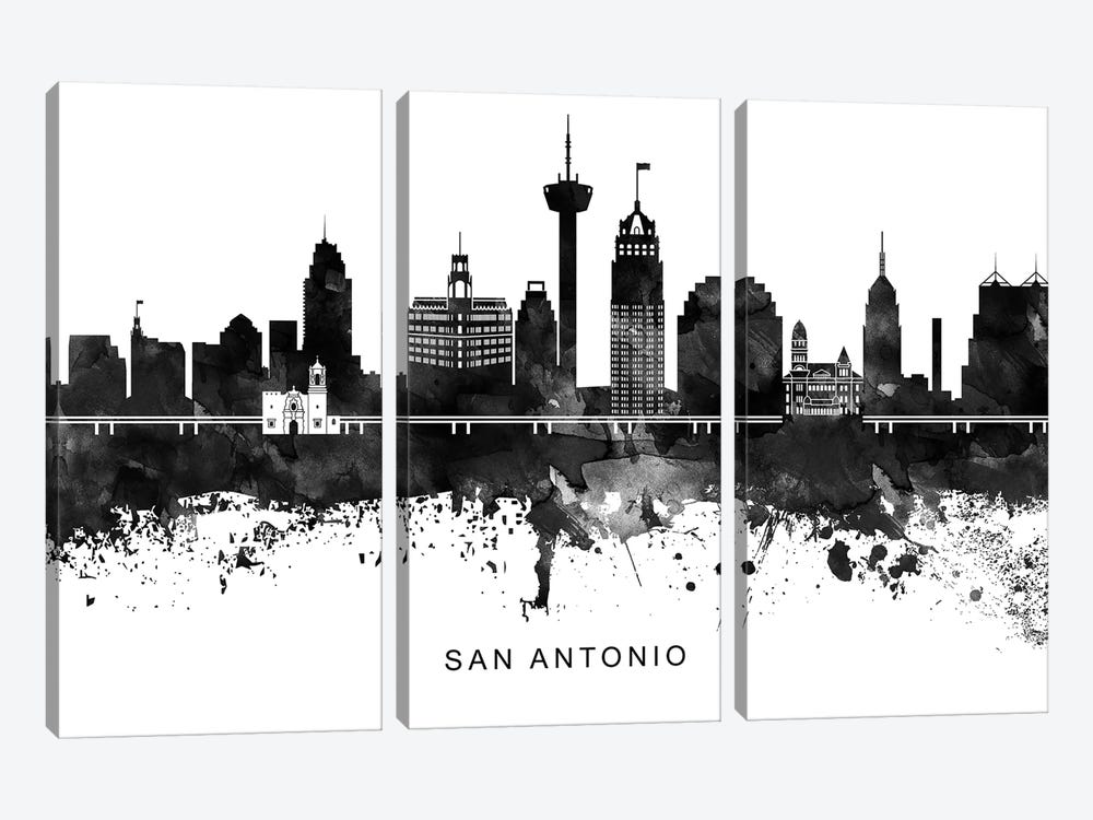 San Antonio Skyline Black & White by WallDecorAddict 3-piece Canvas Artwork