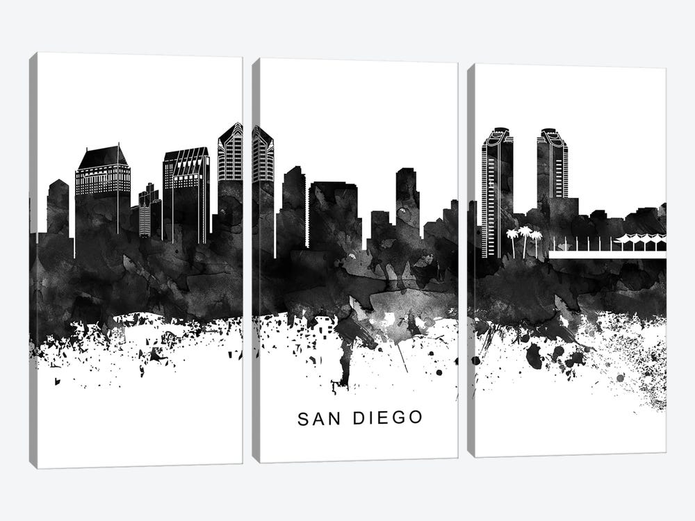San Diego Skyline Black & White by WallDecorAddict 3-piece Canvas Art Print