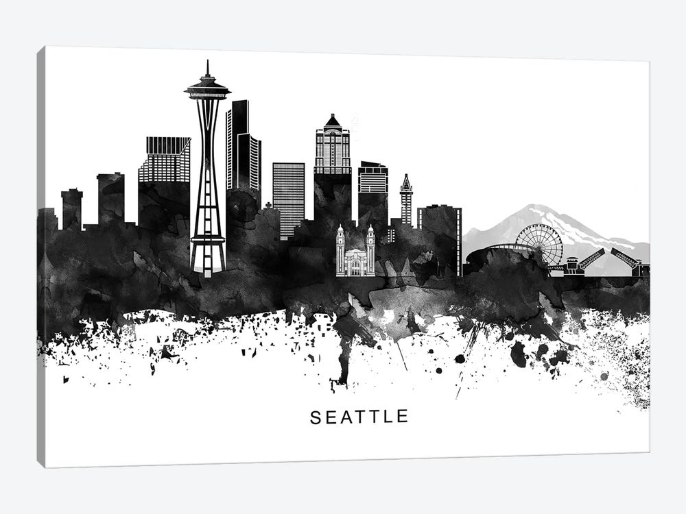 Seattle Skyline Black & White by WallDecorAddict 1-piece Canvas Art Print