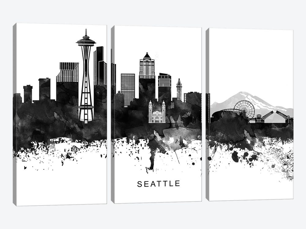 Seattle Skyline Black & White by WallDecorAddict 3-piece Canvas Print
