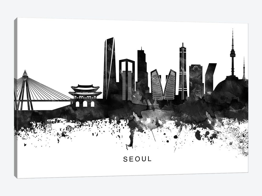 Seoul Skyline Black & White by WallDecorAddict 1-piece Canvas Artwork