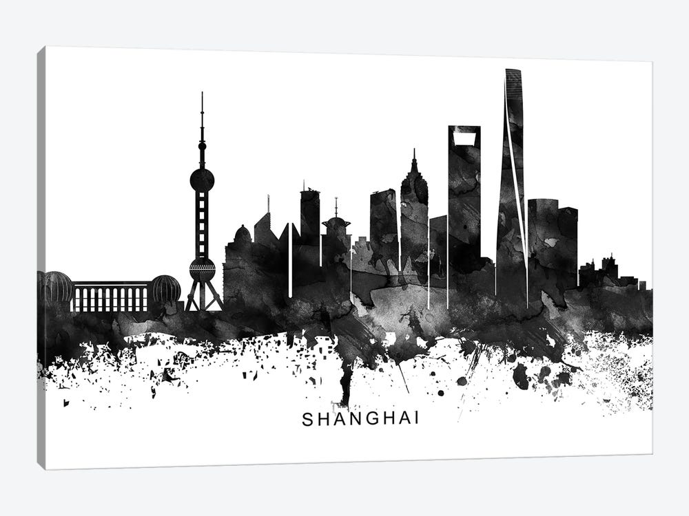 Shanghai Skyline Black & White by WallDecorAddict 1-piece Canvas Print
