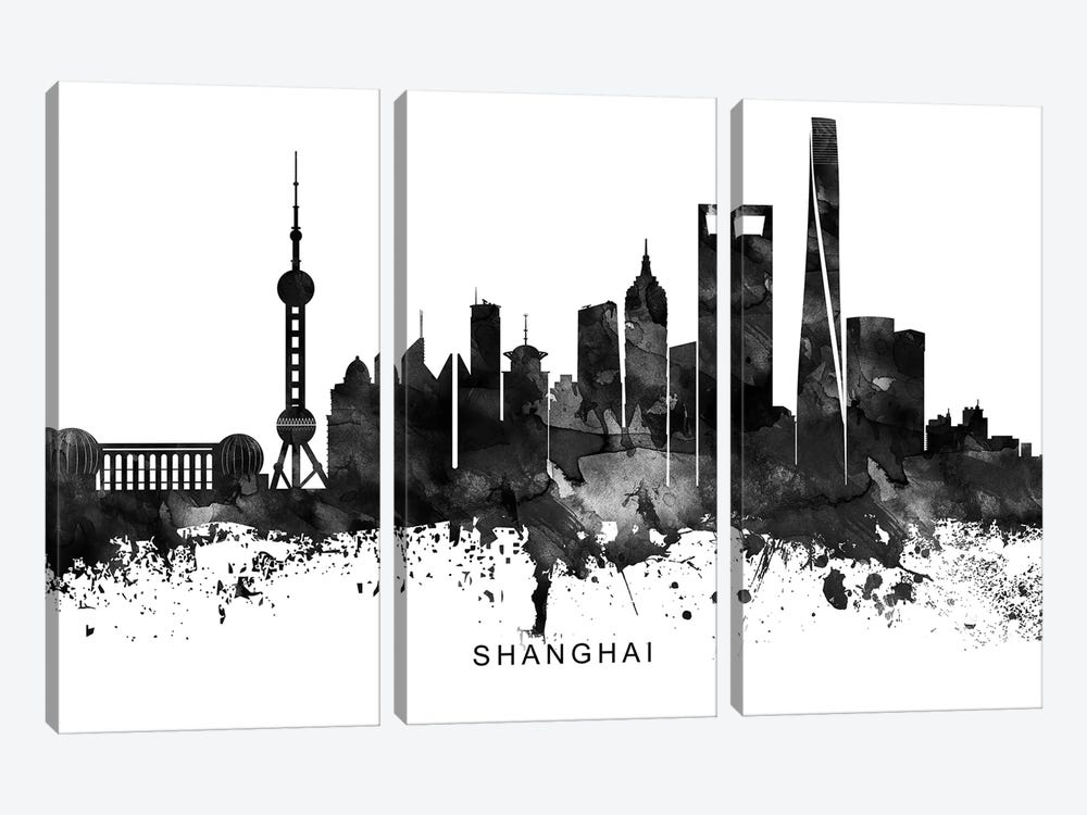 Shanghai Skyline Black & White by WallDecorAddict 3-piece Art Print