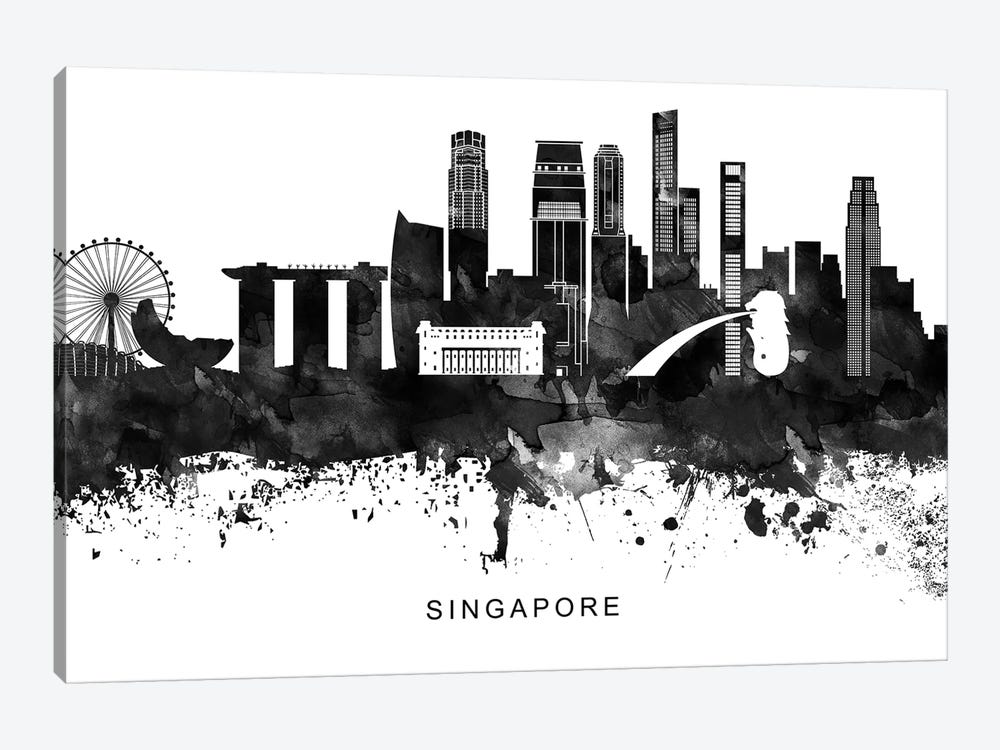 Singapore Skyline Black & White by WallDecorAddict 1-piece Canvas Wall Art