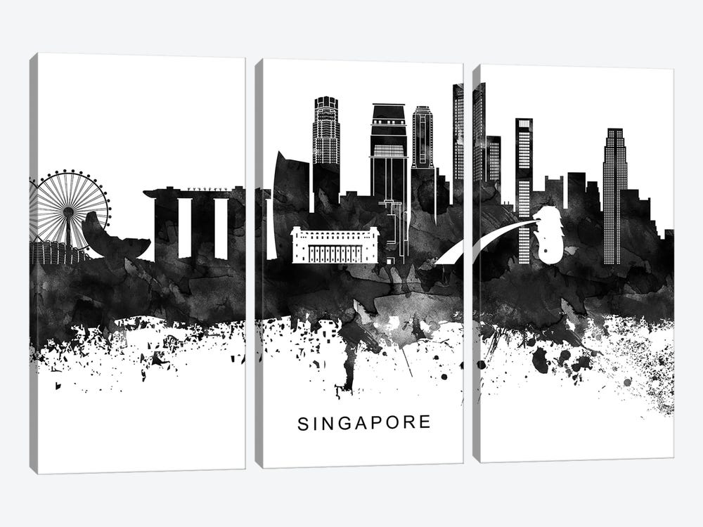 Singapore Skyline Black & White by WallDecorAddict 3-piece Canvas Art