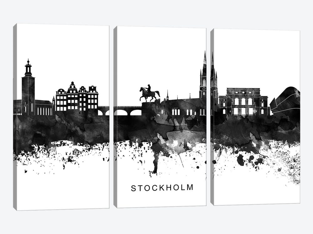 Stockholm Skyline Black & White by WallDecorAddict 3-piece Canvas Art Print