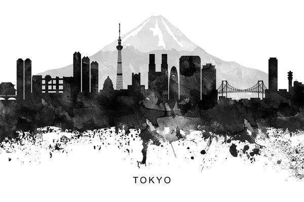 Black & White Digital Art: Tokyo Skyline Black & White by WallDecorAddict