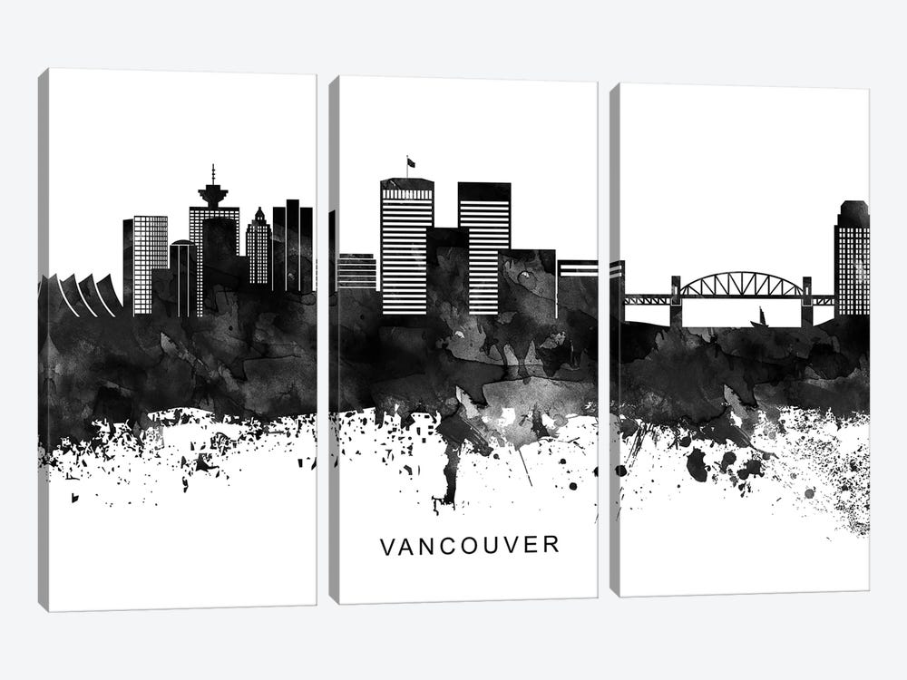 Vancouver Skyline Black & White by WallDecorAddict 3-piece Canvas Artwork