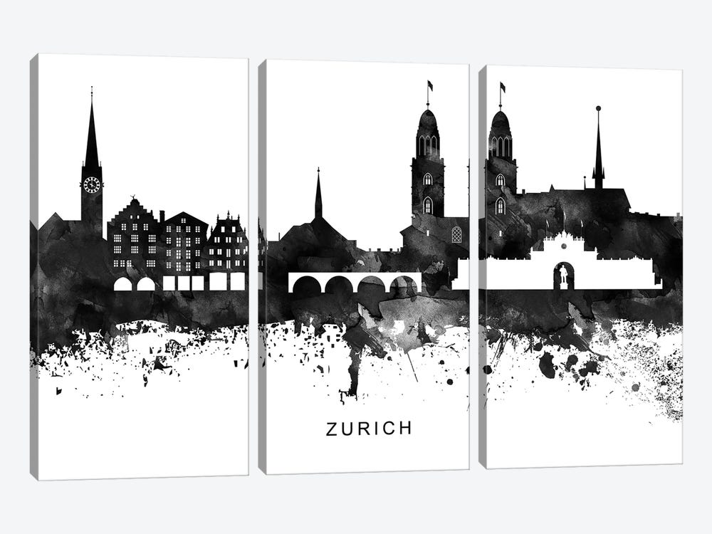 Zurich Skyline Black & White by WallDecorAddict 3-piece Art Print
