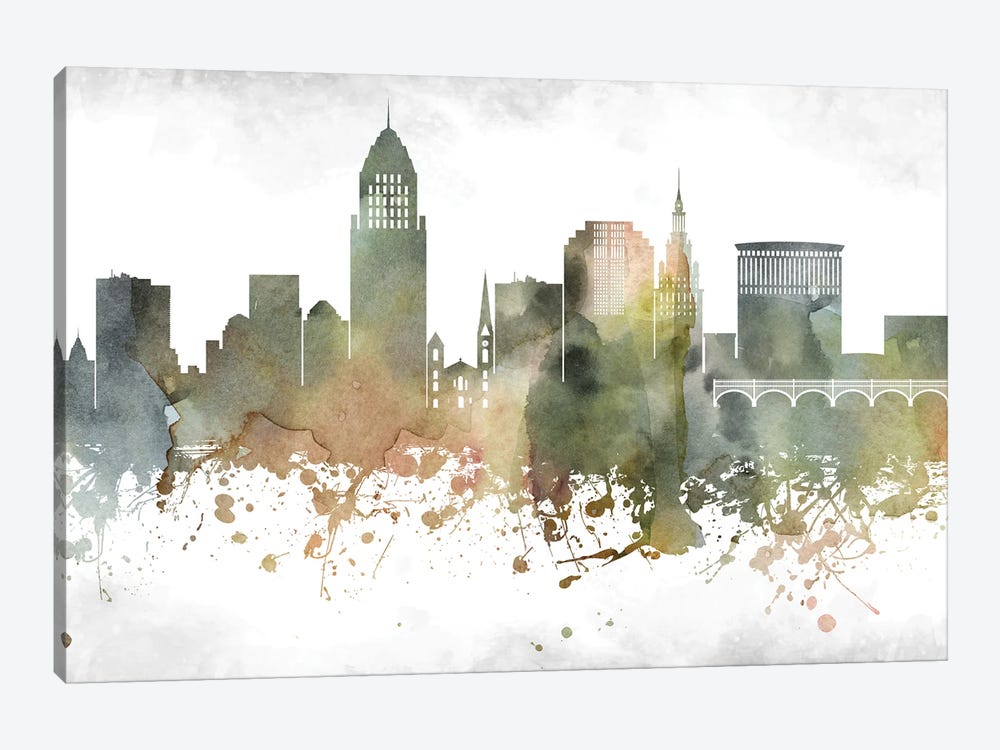 Cleveland Greenish Skyline by WallDecorAddict 1-piece Canvas Art Print