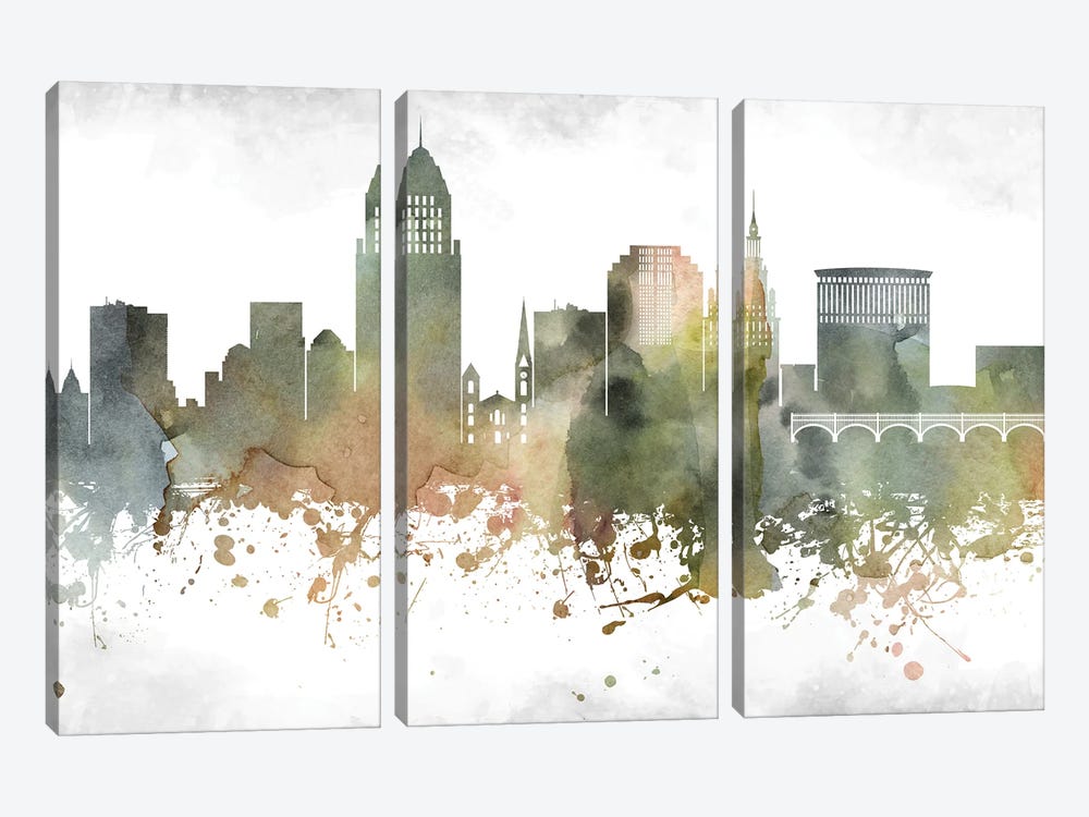 Cleveland Greenish Skyline by WallDecorAddict 3-piece Canvas Art Print