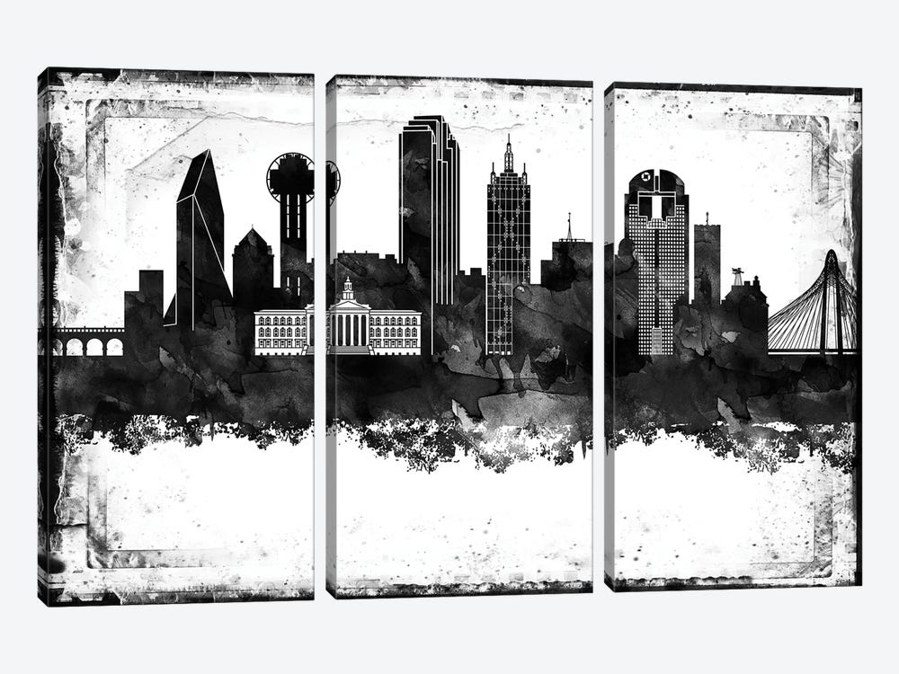 Dallas Black And White Framed Skylines by WallDecorAddict 3-piece Canvas Art Print