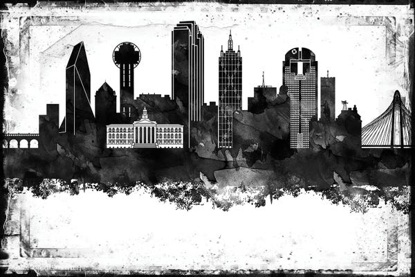 Black & White Digital Art: Dallas Black And White Framed Skylines by WallDecorAddict