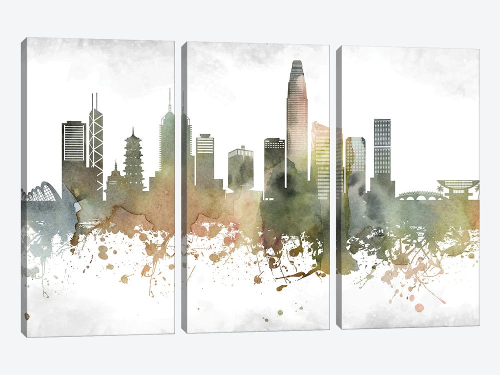 Hong Kong Greenish Skyline by WallDecorAddict 3-piece Canvas Art Print
