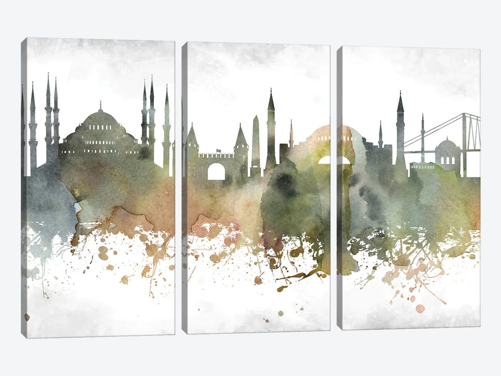 Istanbul  Greenish Skyline by WallDecorAddict 3-piece Canvas Wall Art
