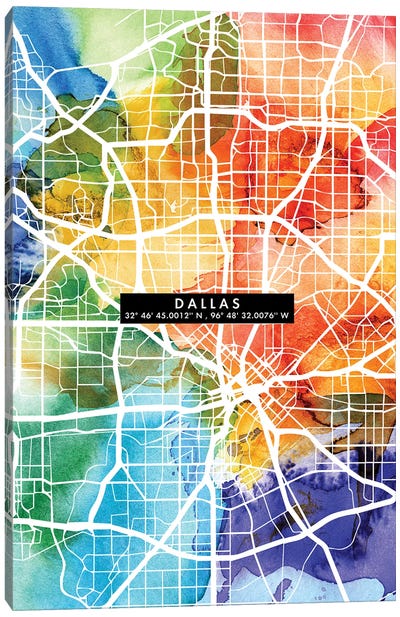 Dallas City Map Colorful Canvas Art Print - Dallas Maps