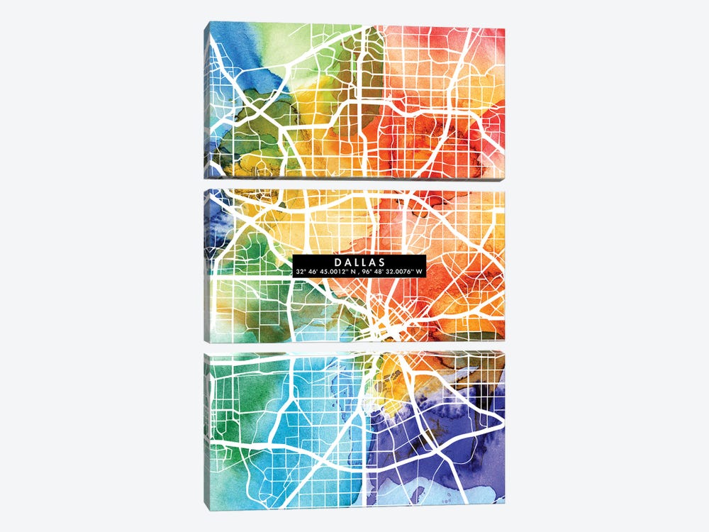 Dallas City Map Colorful by WallDecorAddict 3-piece Canvas Wall Art