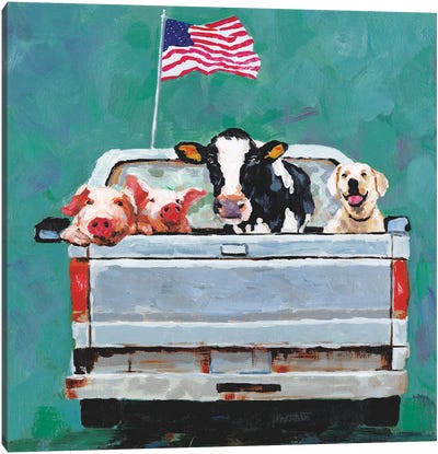 Ride On The Farm Canvas Art Print - Pig Art