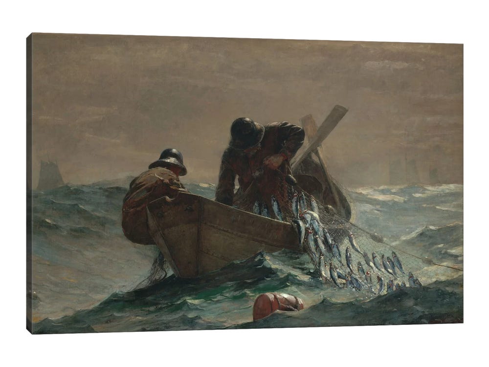 Framed Canvas Art - The Herring Net by Winslow Homer ( transportation > by Water > Boats > rowboats art) - 26x40 in
