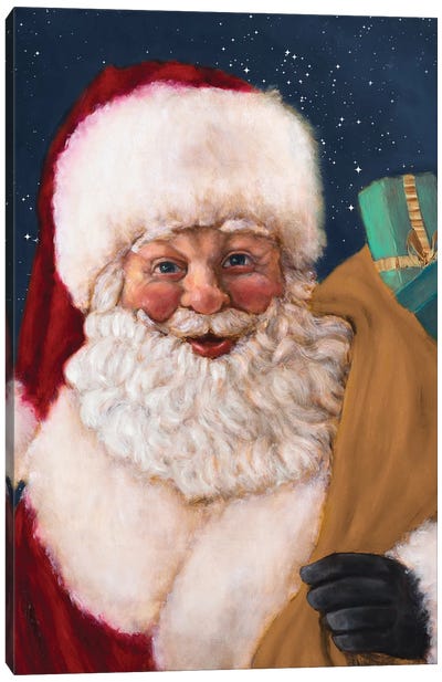 Jolly Saint Nick With Starry Night Canvas Art Print - Santa Claus Art