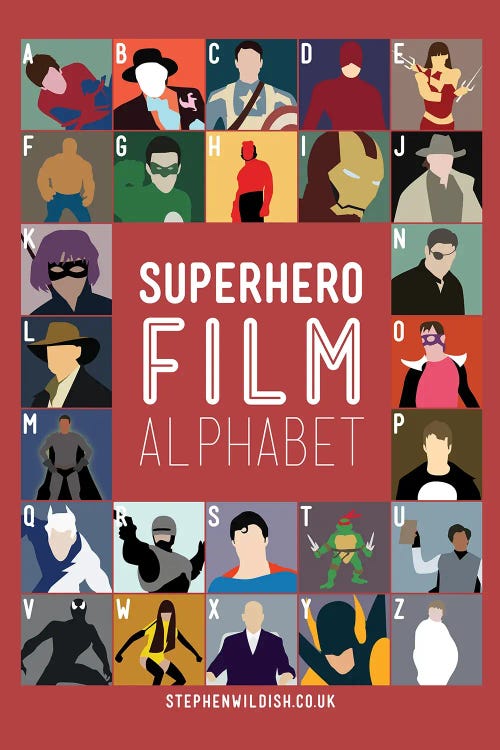 Superhero Alphabet by Stephen Wildish wall art