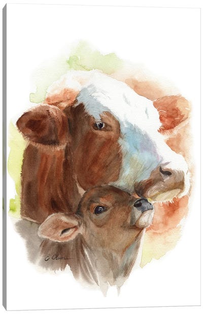 Mother and Baby Cows Canvas Art Print - Watercolor Luv