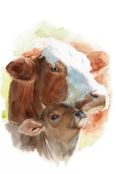 Kids Inspirational Art: Mother and Baby Cows by Watercolor Luv