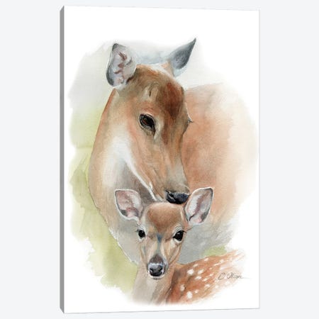 Mother and Baby Deer Canvas Print #WLU54} by Watercolor Luv Canvas Wall Art