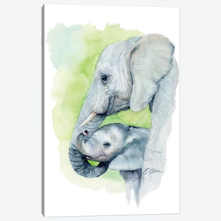Mother and Baby Elephants I Canvas Print #WLU55} by Watercolor Luv Canvas Artwork