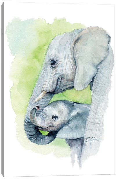 Mother and Baby Elephants I Canvas Art Print - Watercolor Luv