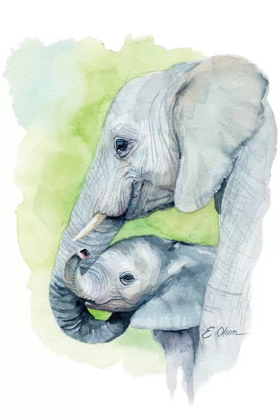 Kids Inspirational Art: Mother and Baby Elephants I by Watercolor Luv