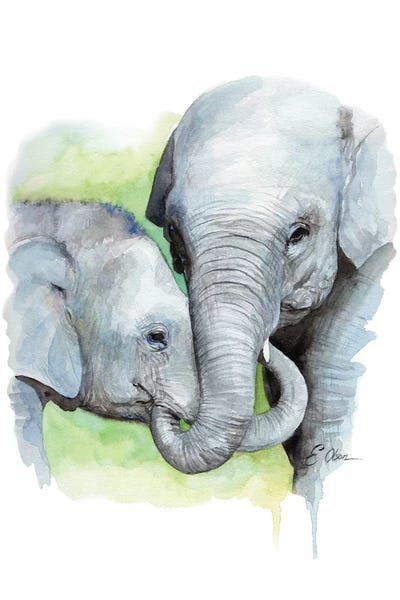 Mother and Baby Elephants II by Watercolor Luv framed canvas print