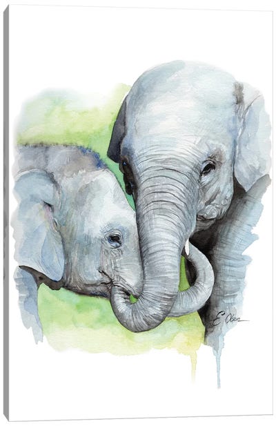 Mother and Baby Elephants II Canvas Art Print - Watercolor Luv
