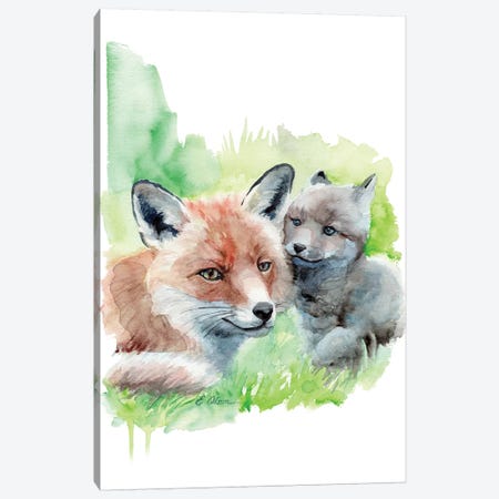 Mother and Baby Foxes Canvas Print #WLU57} by Watercolor Luv Canvas Artwork