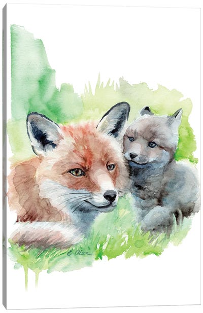 Mother and Baby Foxes Canvas Art Print - Watercolor Luv