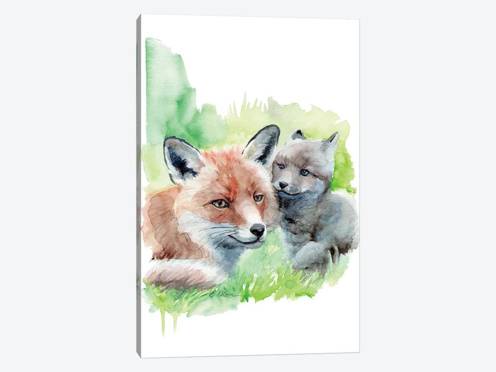 Mother and Baby Foxes by Watercolor Luv 1-piece Canvas Art