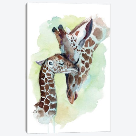 Mother and Baby Giraffes Canvas Print #WLU58} by Watercolor Luv Canvas Art Print