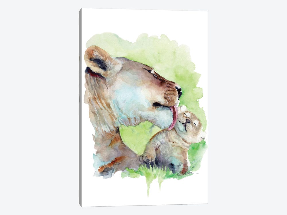 Mother and Baby Lions by Watercolor Luv 1-piece Canvas Art