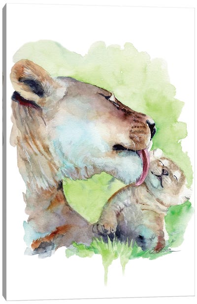 Mother and Baby Lions Canvas Art Print - Watercolor Luv