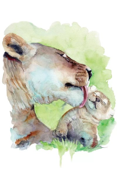 Lions: Mother and Baby Lions by Watercolor Luv
