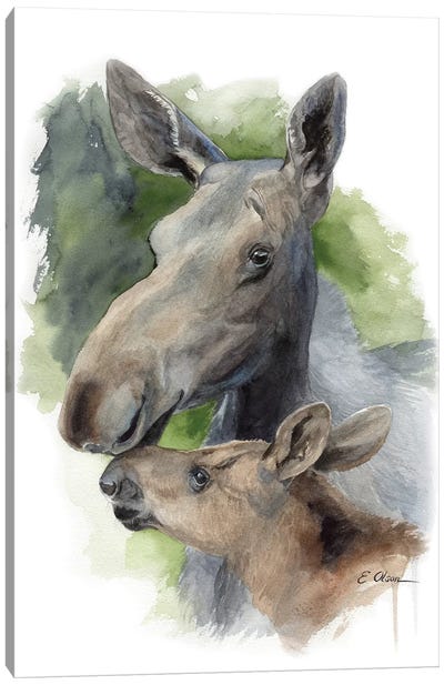 Mother and Baby Moose Canvas Art Print - Watercolor Luv