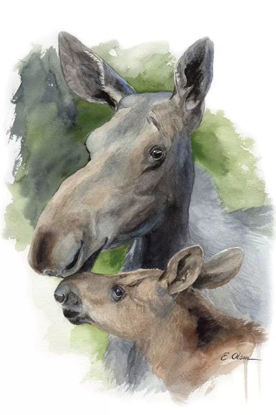 Kids Inspirational Art: Mother and Baby Moose by Watercolor Luv